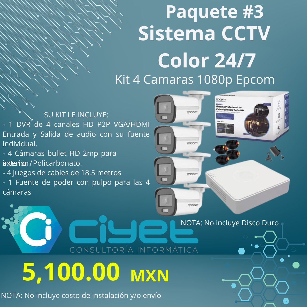 Kit Videovigilancia Epcom 4 Camaras  Colorvu Dvr 2mp Cctv Paquete #3